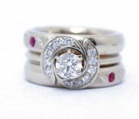 customized wedding set and mothers ring combo in 14k white gold featuring diamonds rubies and sapphires - Customized Wedding Rings customized wedding set and mothers ring combo in 14k white gold featuring diamonds rubies and sapphires - Customized Wedding Rings