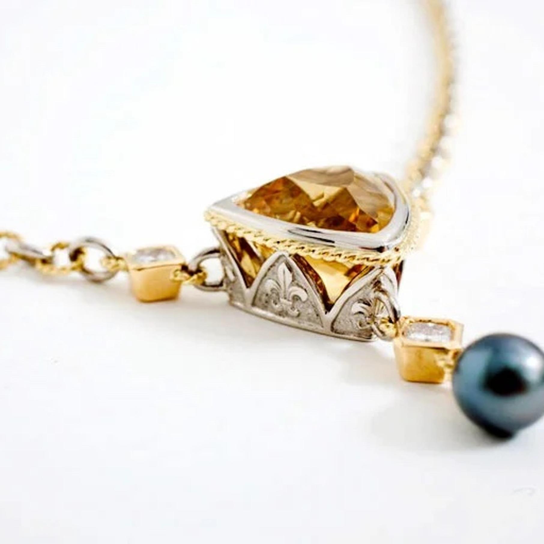 Gold Beryl and Pearl Fleur-de-lis  Pendant