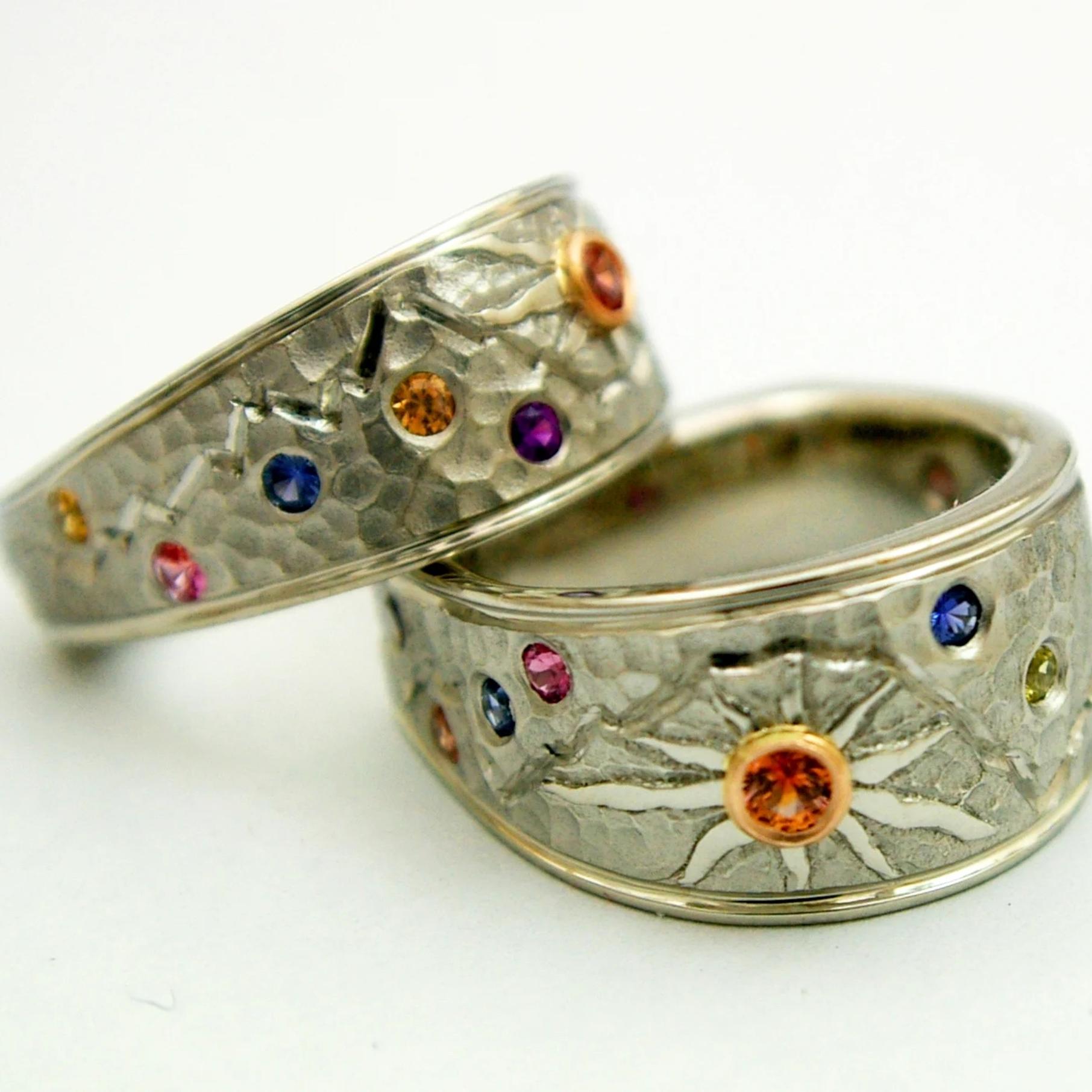 White & Rose Gold Sunburst Design Wedding Ring Set