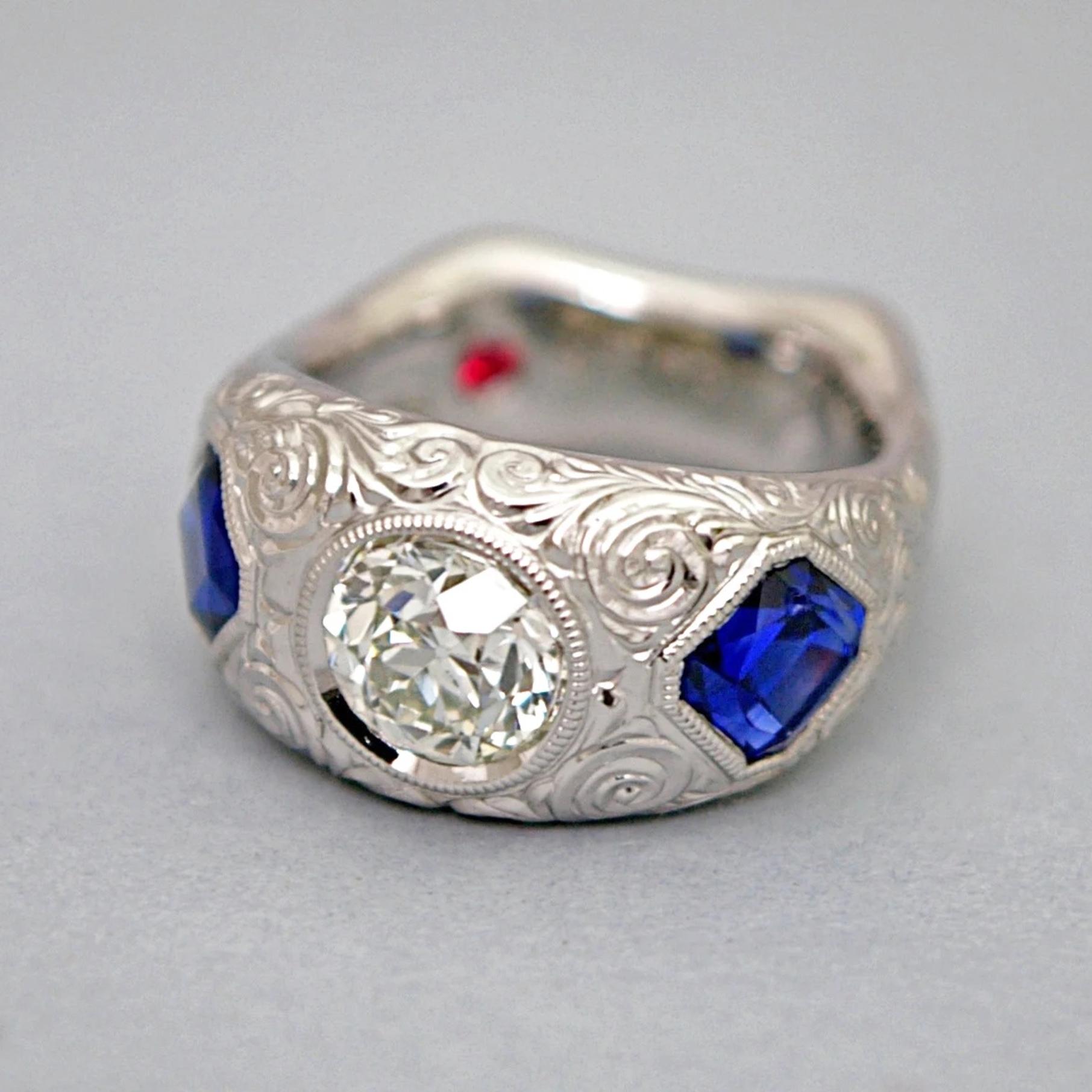 Platinum, Yogo Sapphire, Diamond, and Ruby Designer Ring