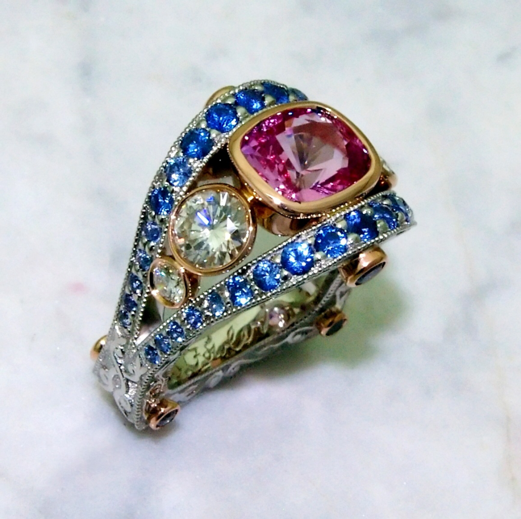 Pink Sapphire Ring With Blue Yogo Sapphire Accents